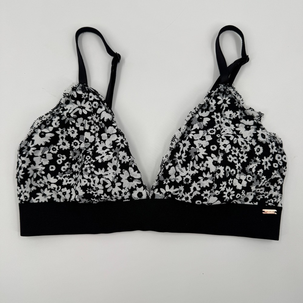 PINK Victoria's Secret Floral Lace Triangle Bralette Black White Daisy‎ Small